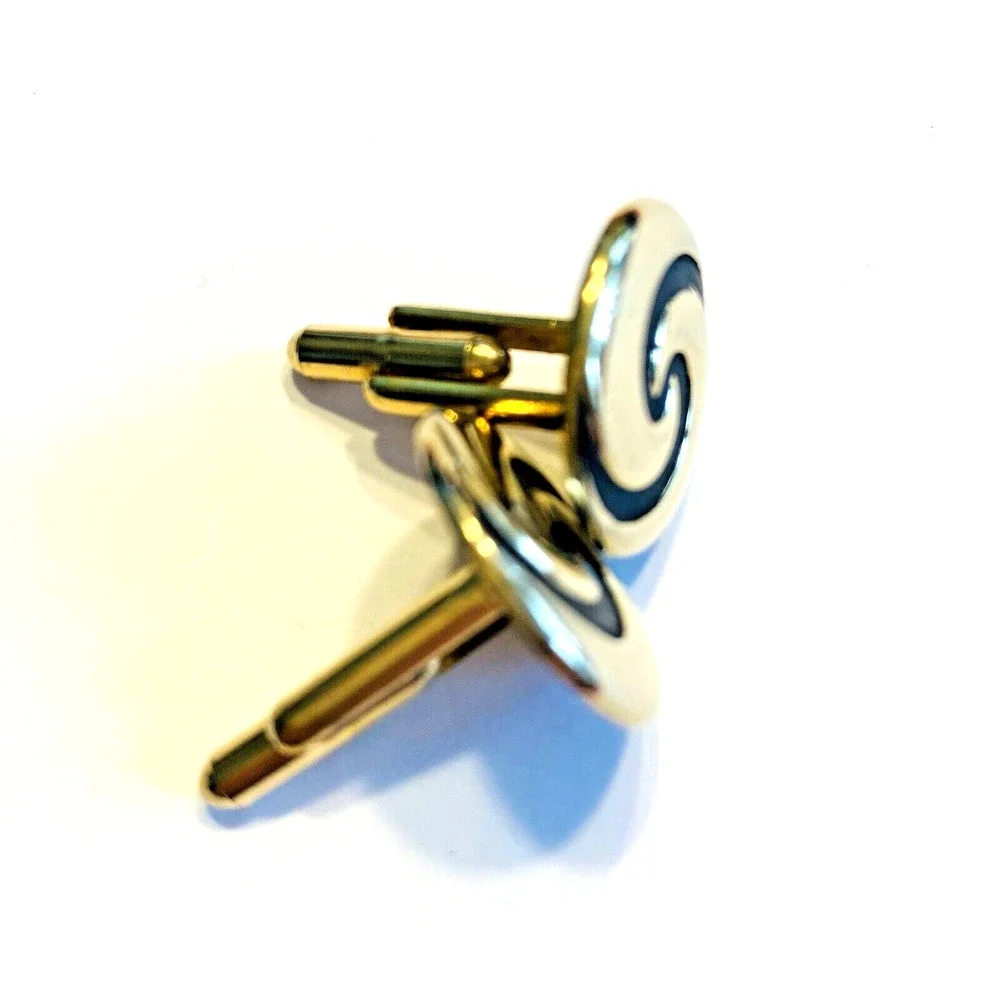 Vintage Mid Century Cufflinks Classic Mod Design Goldtone & Black Finish Swirls